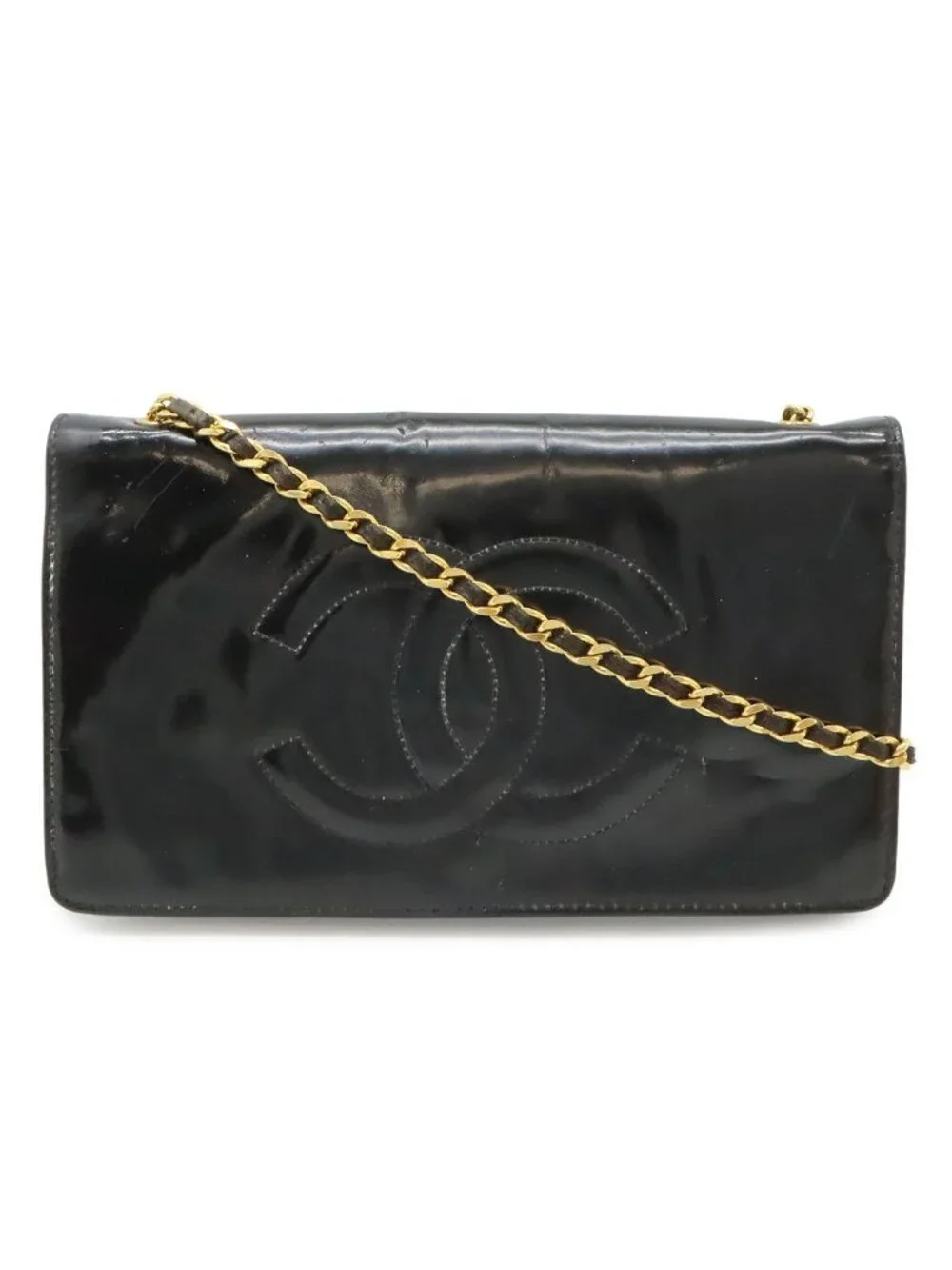 Chanel CC Logo Chain Wallet Shoulder Bag Pochette Crossbody Enamel Patent